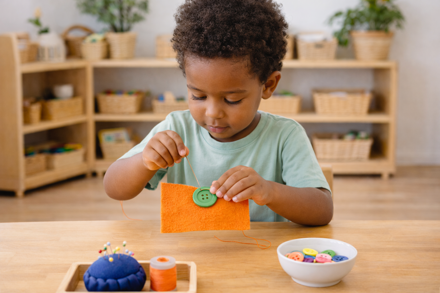 Child practicing sewing and hand-eye coordination