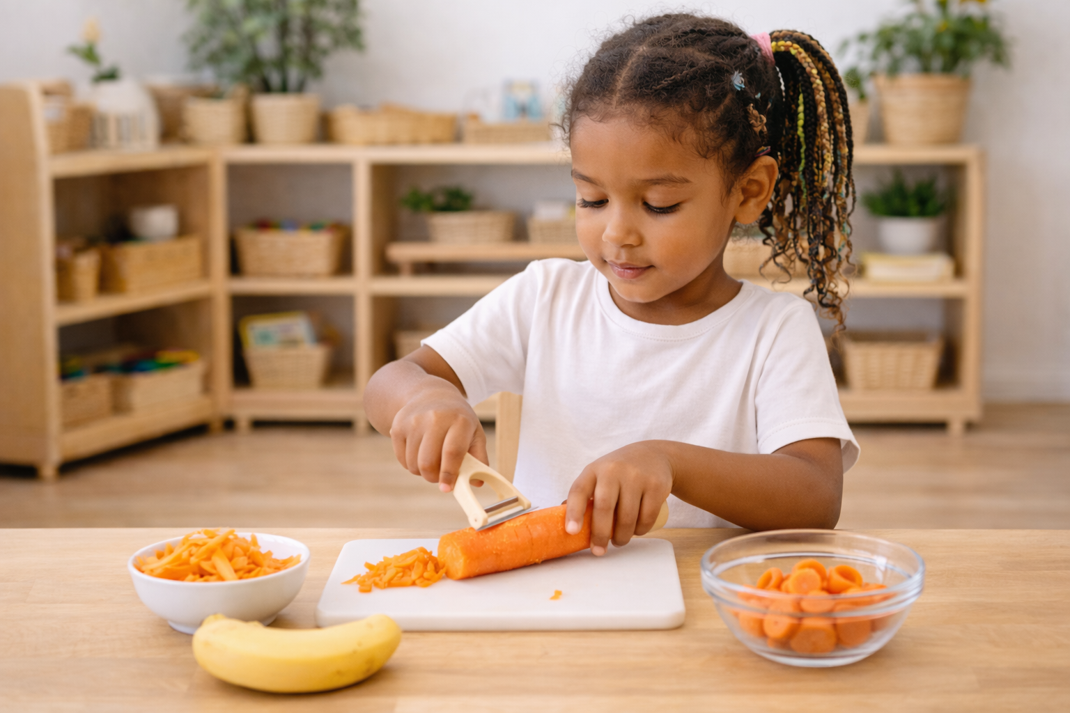 Children participating in Montessori food preparation